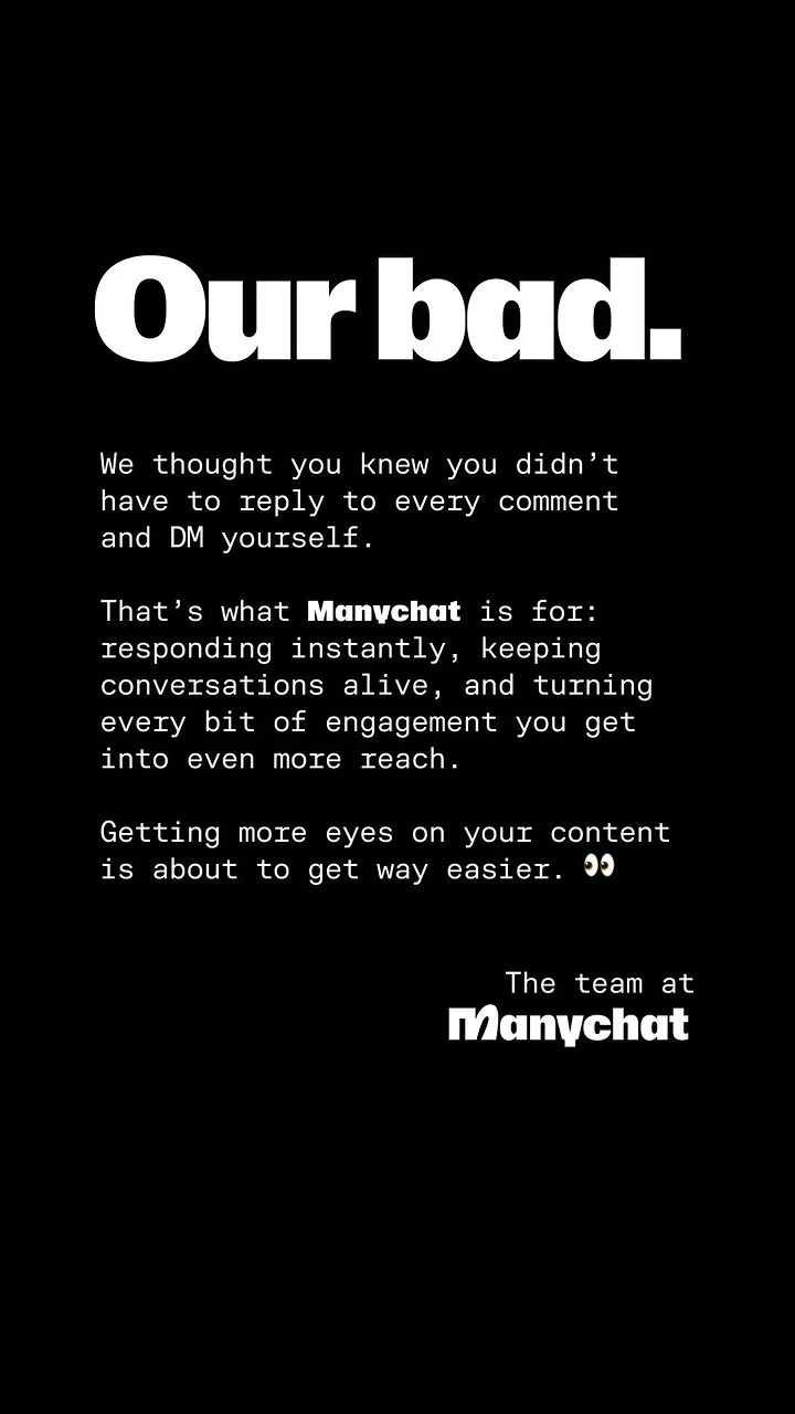 Anúncio da Manychat no formato Comunicado Oficial e Declaração Direta