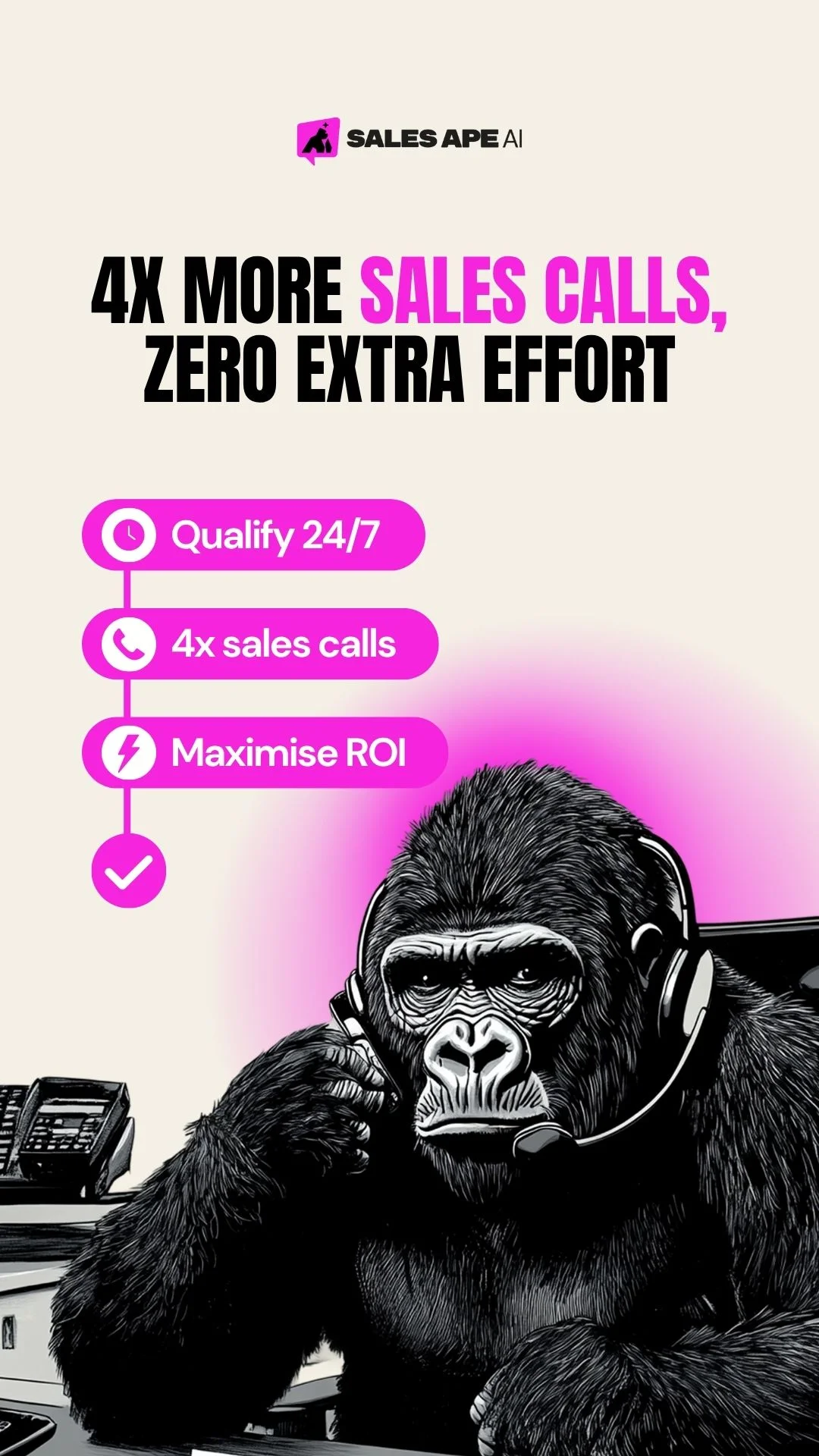 Anúncio da SALES APE AI no formato Text Heavy Ad e Metáfora Visual