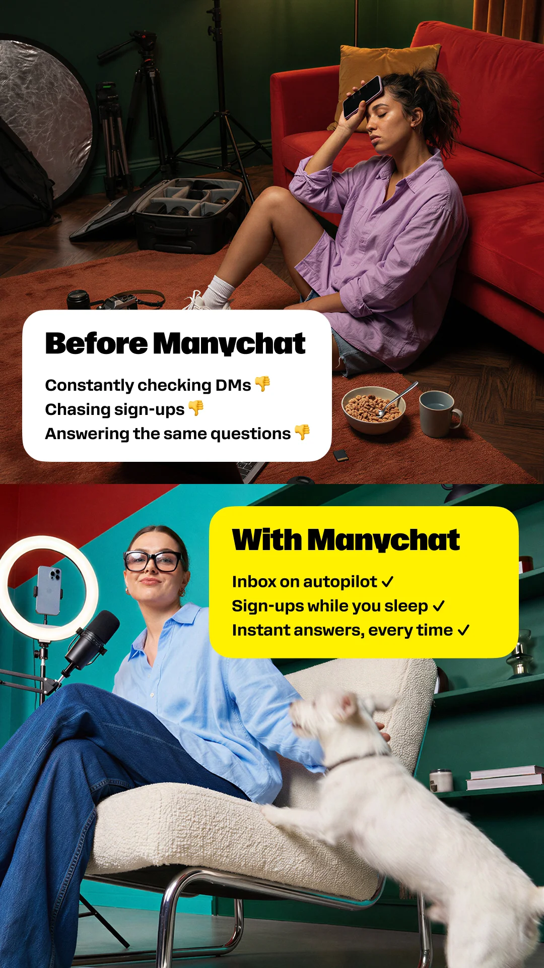 Anúncio da Manychat no formato Antes e Depois e Problema vs Solução