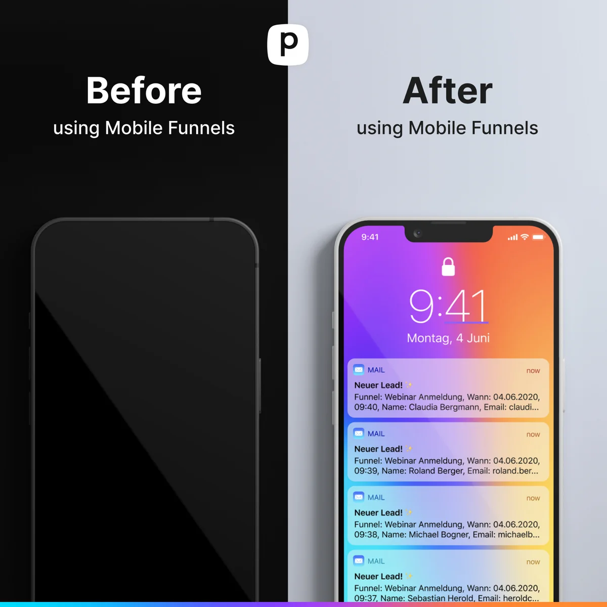 Anúncio da Mobile Funnels no formato Antes e Depois e Tela Dividida