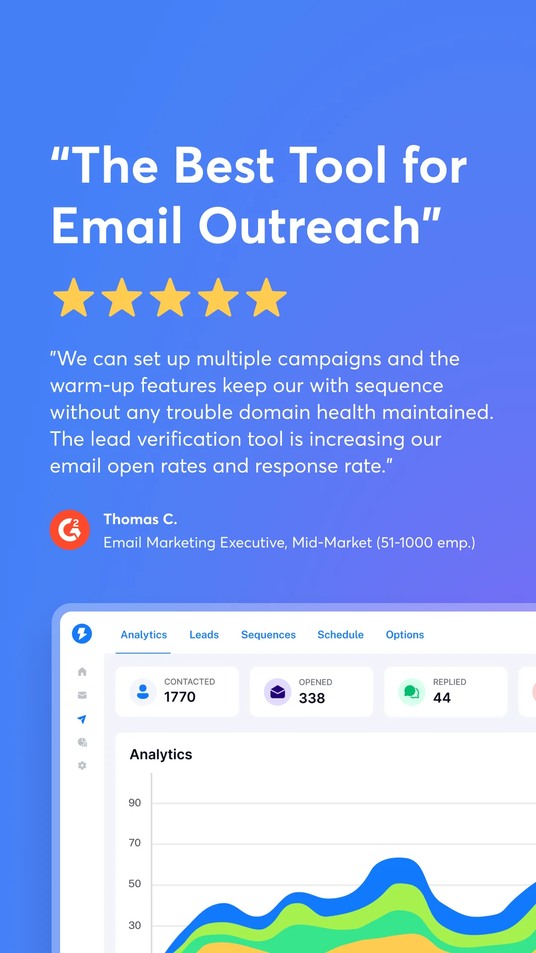 Anúncio da Ferramenta de Email Outreach no formato Depoimentos e Reviews e Mockup do Produto