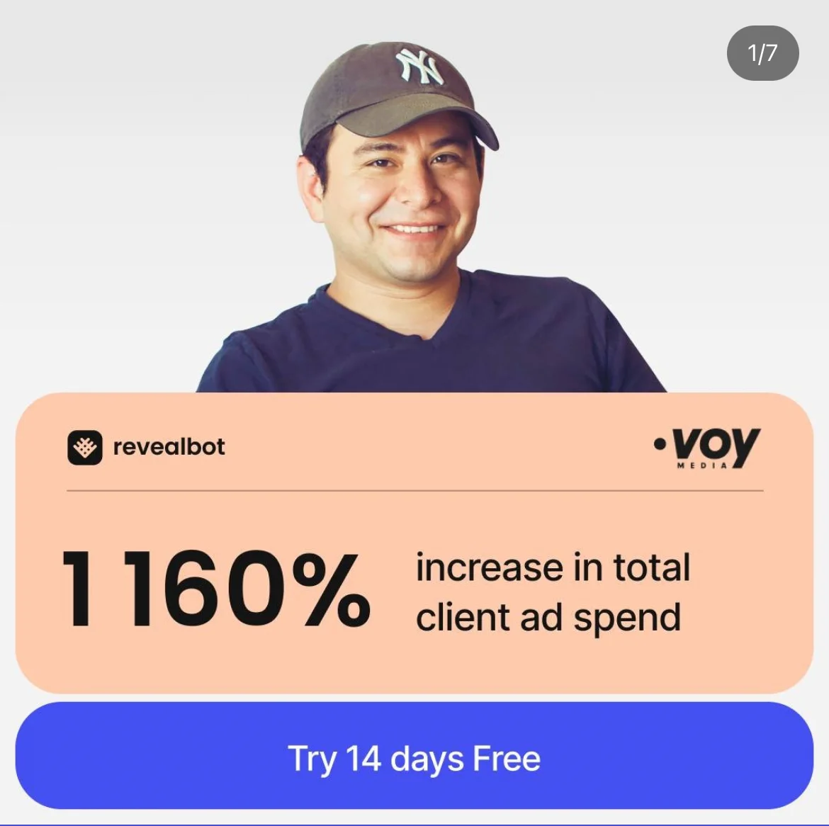 Anúncio da Revealbot no formato Benefícios e Carrossel