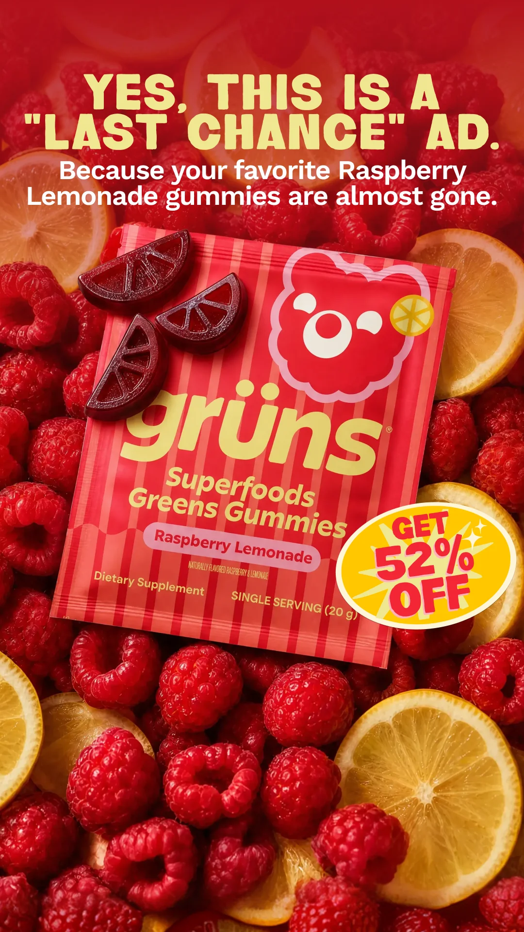 Anúncio da Grüns no formato Oferta Direta e Anúncio Estático