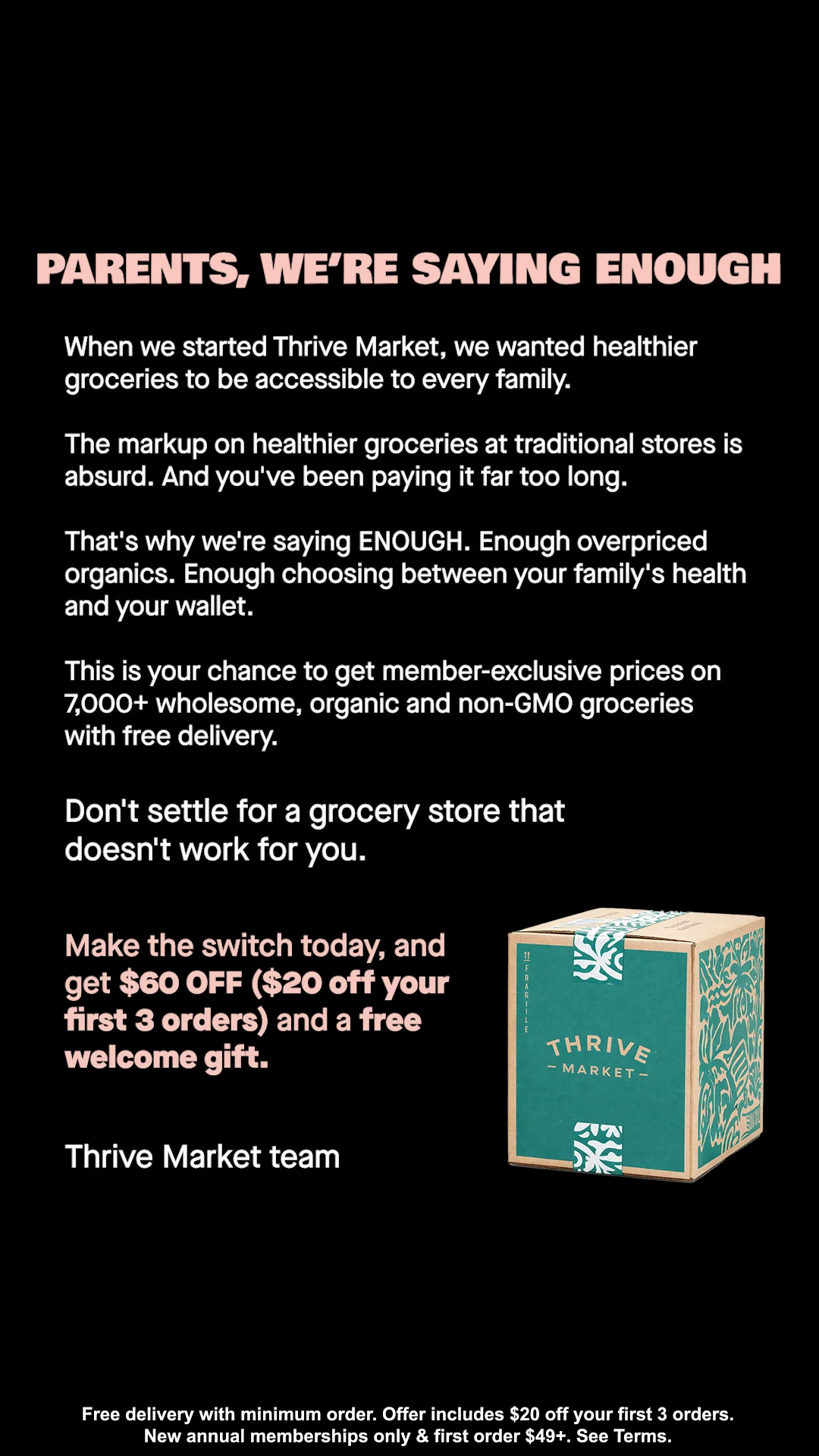 Anúncio da Thrive Market no formato Anúncio Estático e Benefícios