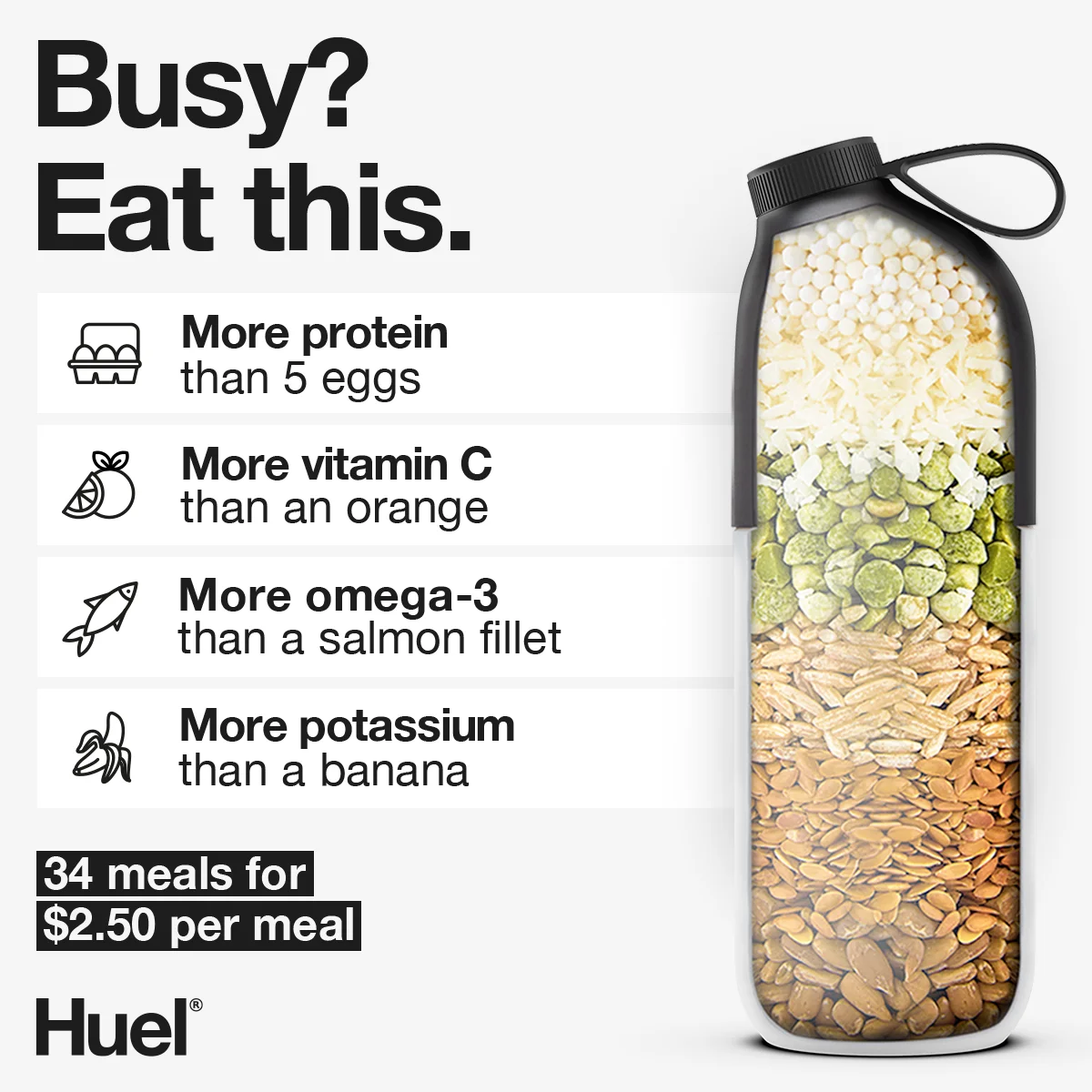 Anúncio da Huel no formato Listicle e Metáfora Visual
