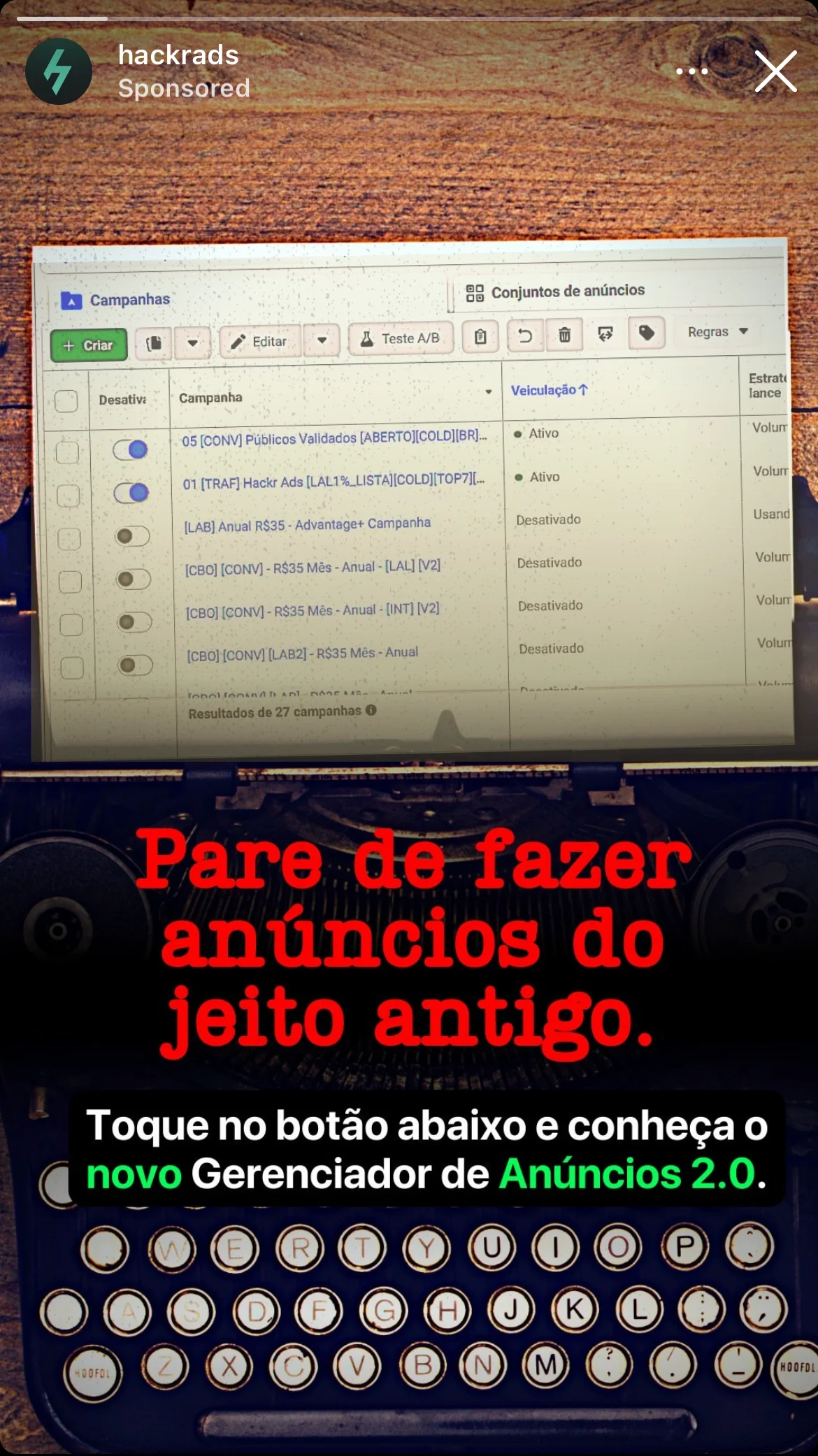 Anúncio da Hackrads no formato Advertência e Anúncio Retrato