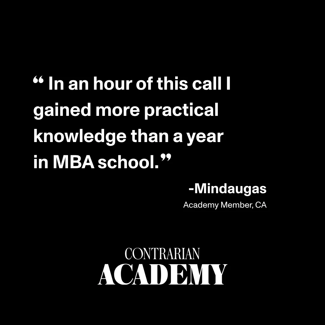 Anúncio da Contrarian Academy no formato Depoimentos e Reviews e Mito vs Realidade