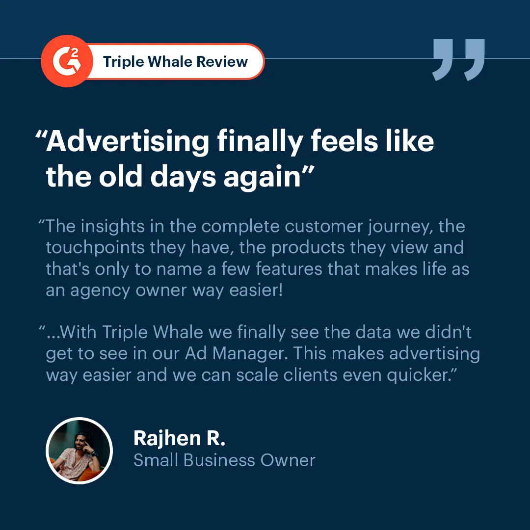 Anúncio da Triple Whale no formato Anúncio Estático e Depoimentos e Reviews