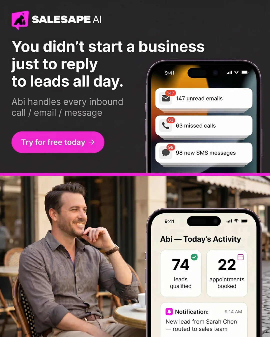 Anúncio da SALESAPE AI no formato Mockup do Produto e Sem x Com