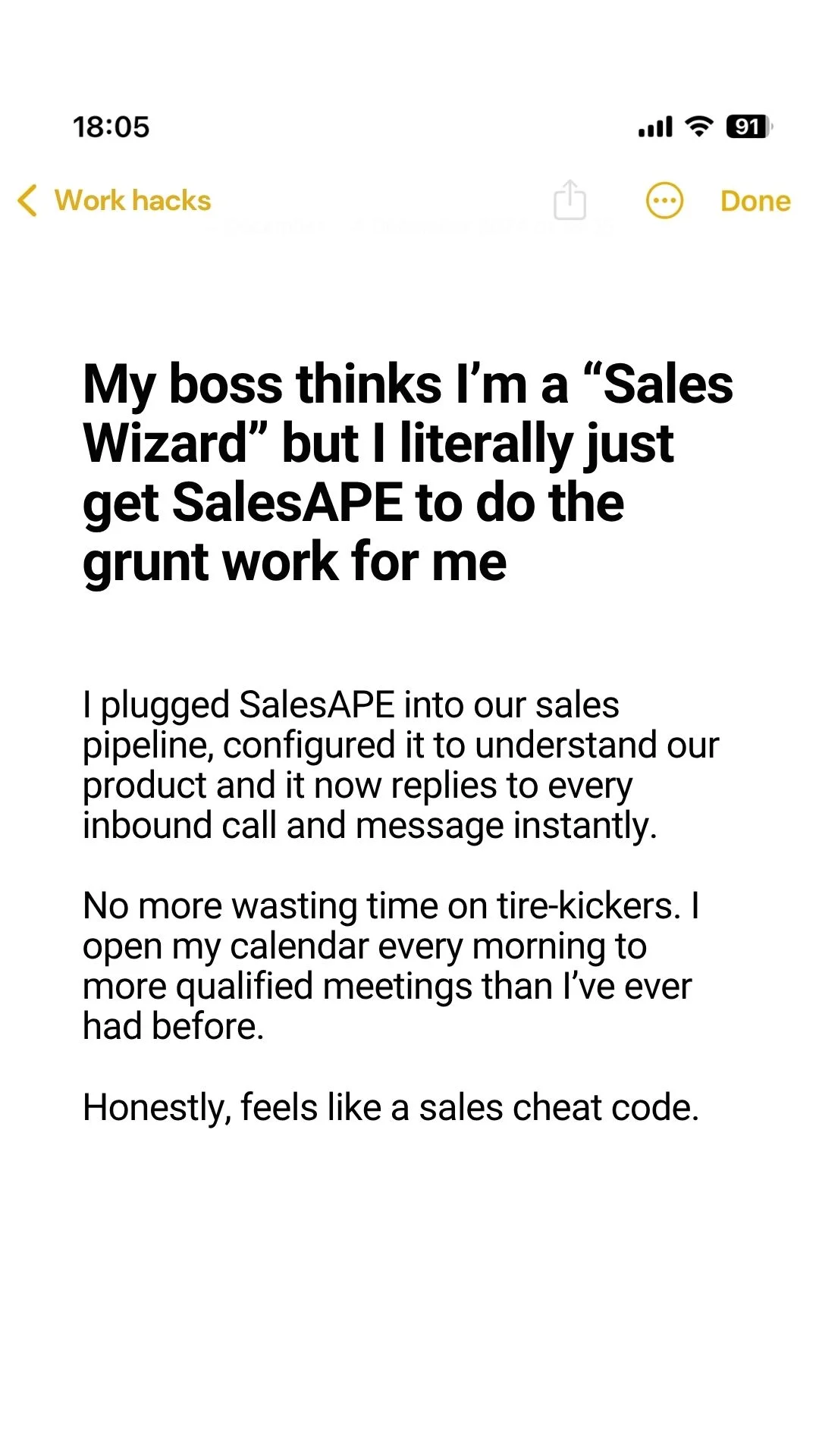 Anúncio da SalesAPE no formato Notas do iPhone e Text Heavy Ad