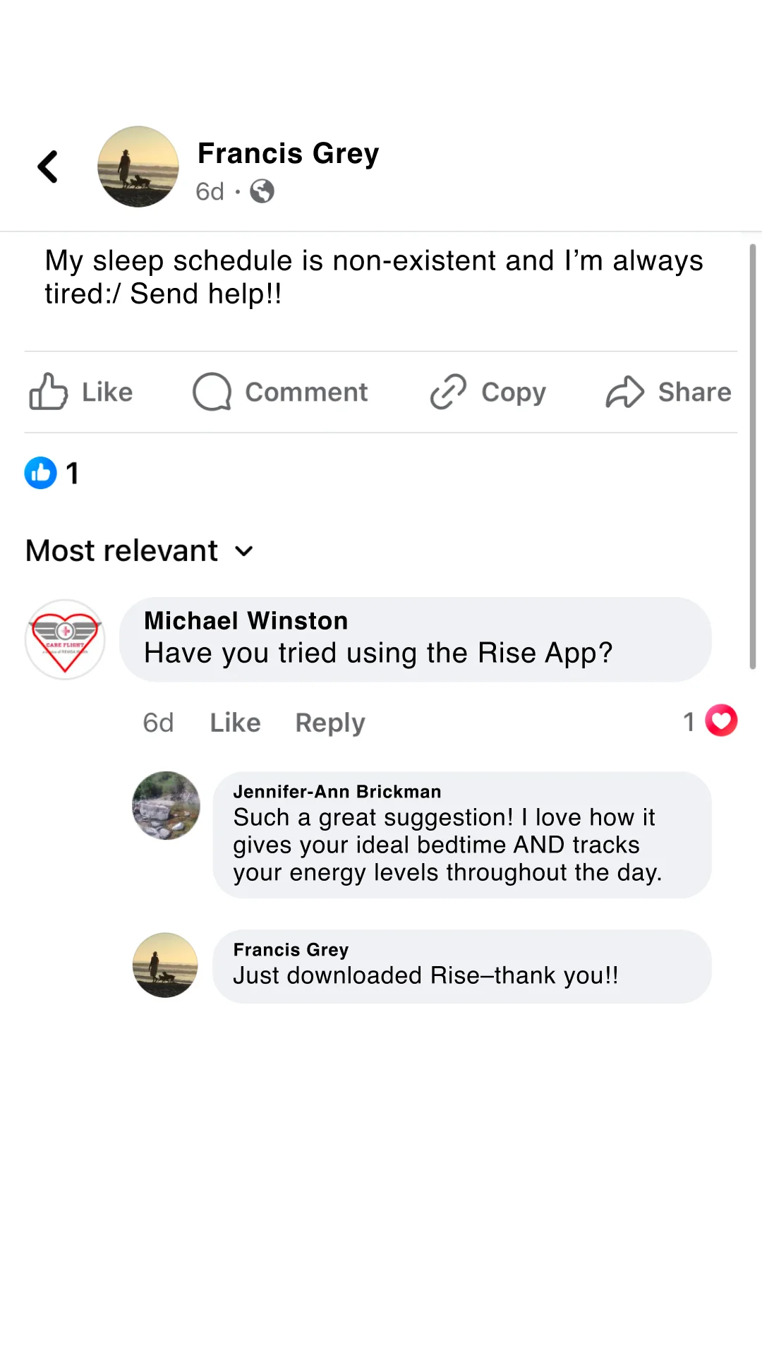 Anúncio da Rise App no formato Depoimentos e Reviews e Print de Conversa