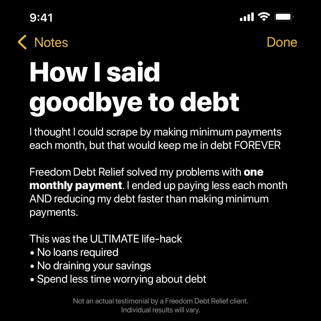 Anúncio da Freedom Debt Relief no formato Notas do iPhone