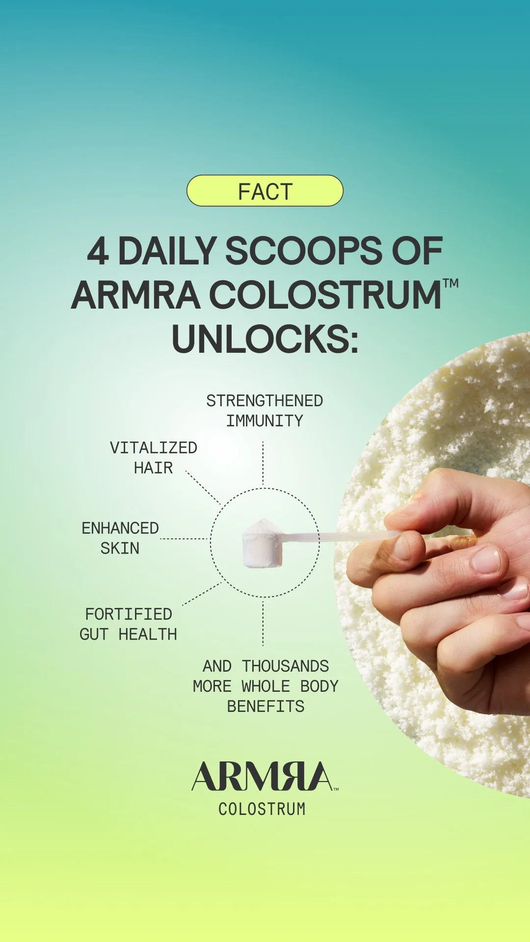 Anúncio da ARMRA Colostrum no formato Anúncio Estático e Benefícios