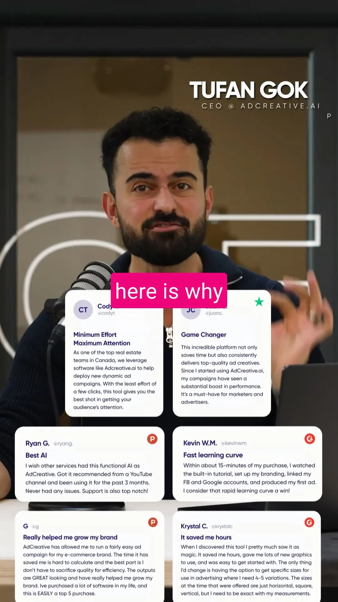 Anúncio em vídeo da AdCreative.ai no formato Demonstração de Interface e Depoimentos e Reviews
