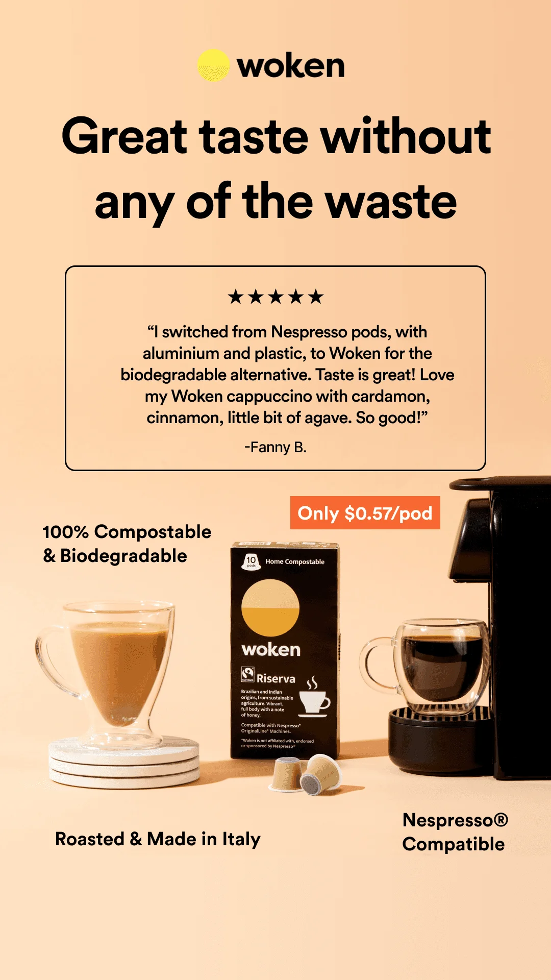 Anúncio da Woken Coffee no formato Anúncio Estático e Depoimentos e Reviews