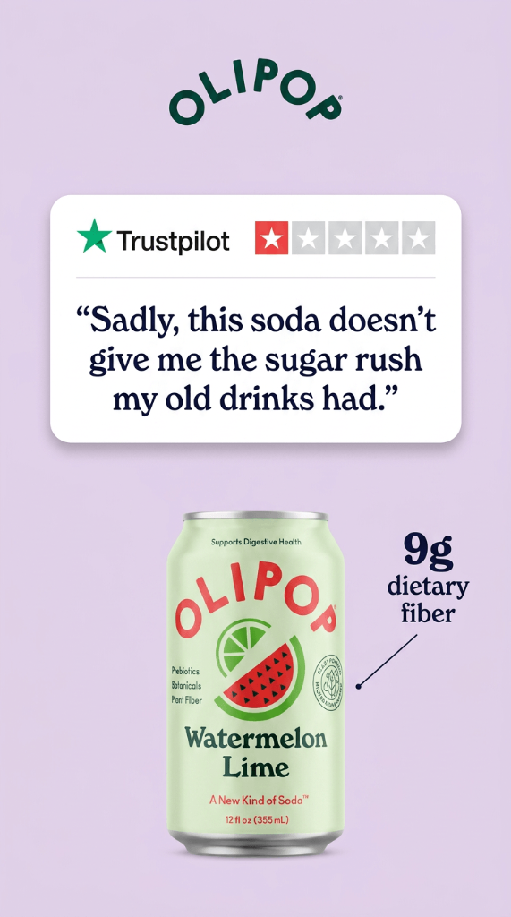 Anúncio da Olipop no formato Anúncio Estático e Destaque de Produto