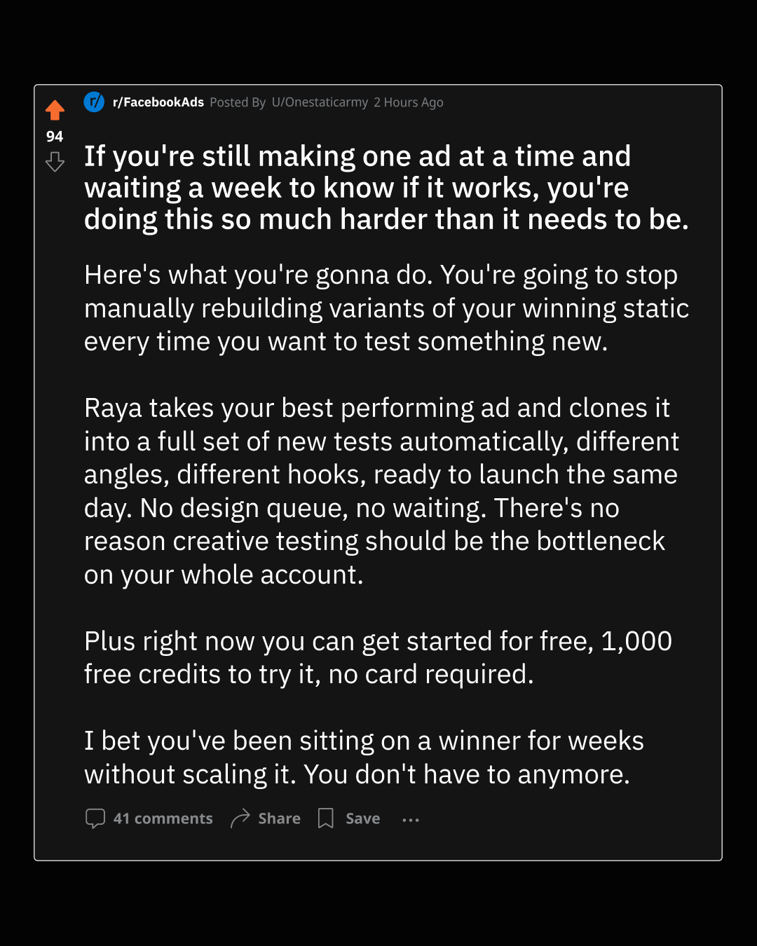 Anúncio da Atria AI no formato Texto Direto e Estilo Reddit