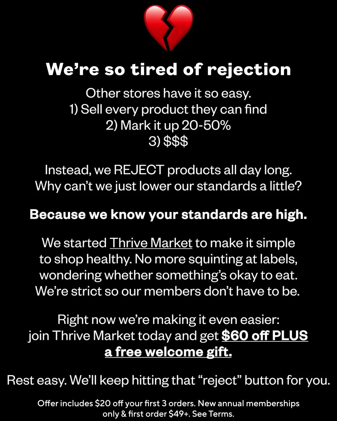 Anúncio em vídeo da Thrive Market no formato Benefícios e Problema vs Solução