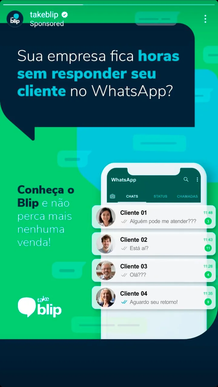 Anúncio da Take Blip no formato Anúncio Estático e Print de Conversa