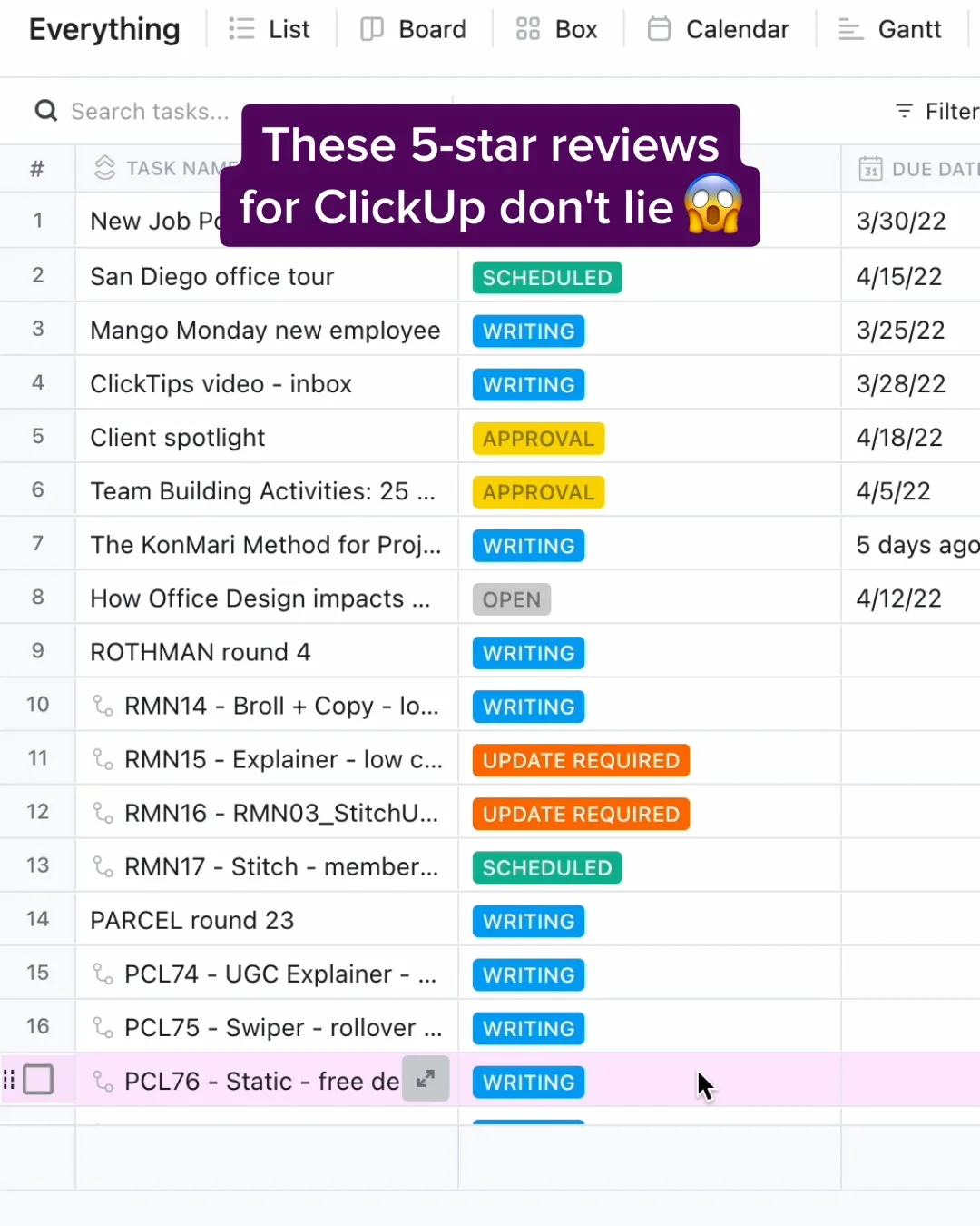 Anúncio em vídeo da ClickUp no formato Depoimentos e Reviews