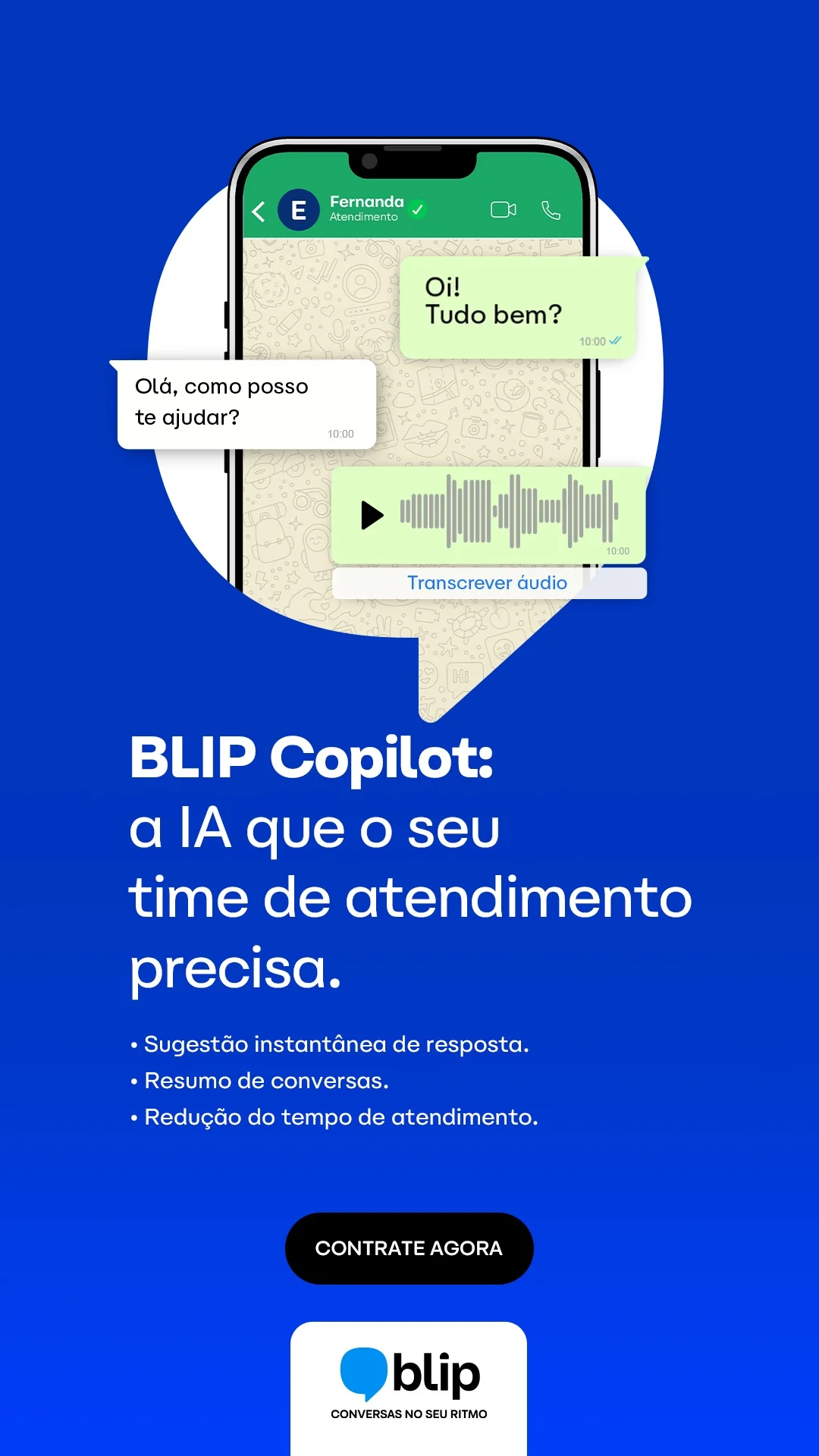 Anúncio da Blip no formato Benefícios e Print de Conversa